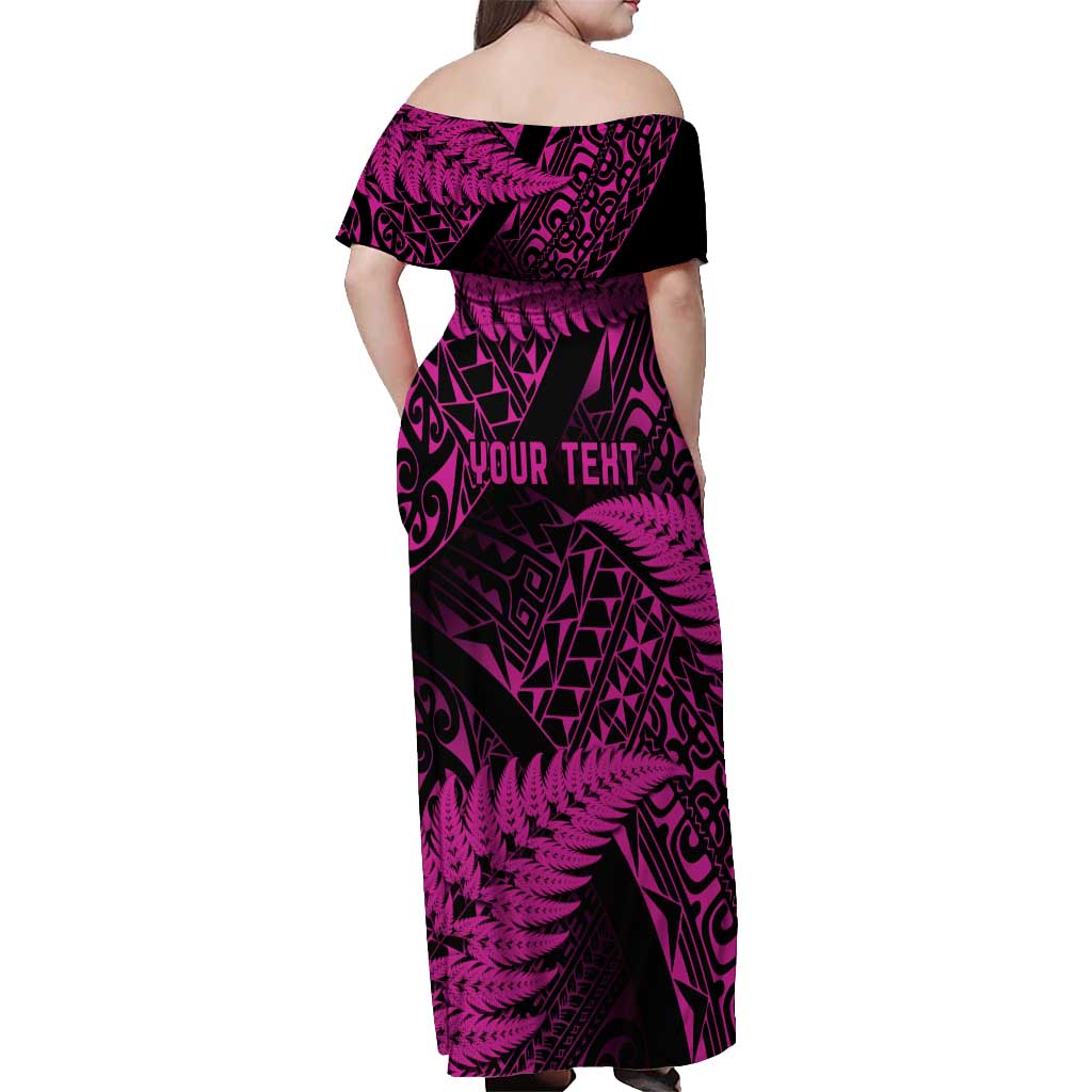 New Zealand Rugby Pacific Personalised Off Shoulder Maxi Dress All Pink Maori Pasifika Fern Pattern LT9 - Polynesian Pride
