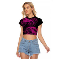 New Zealand Rugby Pacific Personalised Raglan Cropped T Shirt All Pink Maori Pasifika Fern Pattern LT9 Female Pink - Polynesian Pride