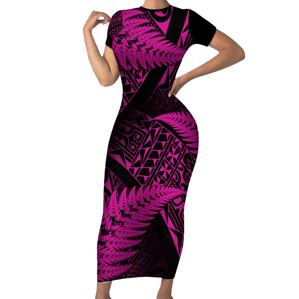New Zealand Rugby Pacific Personalised Short Sleeve Bodycon Dress All Pink Maori Pasifika Fern Pattern LT9 Long Dress Pink - Polynesian Pride