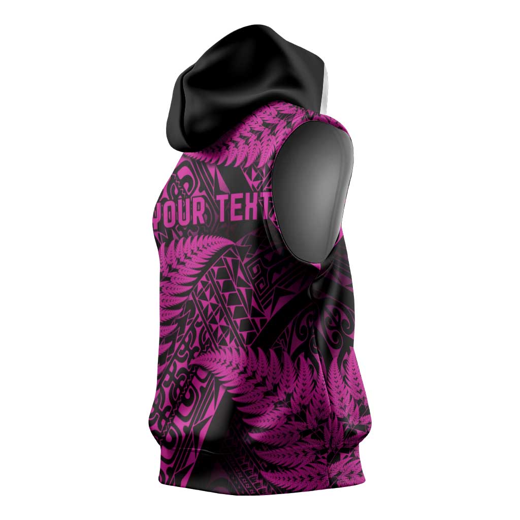New Zealand Rugby Pacific Personalised Sleeveless Hoodie All Pink Maori Pasifika Fern Pattern LT9 - Polynesian Pride