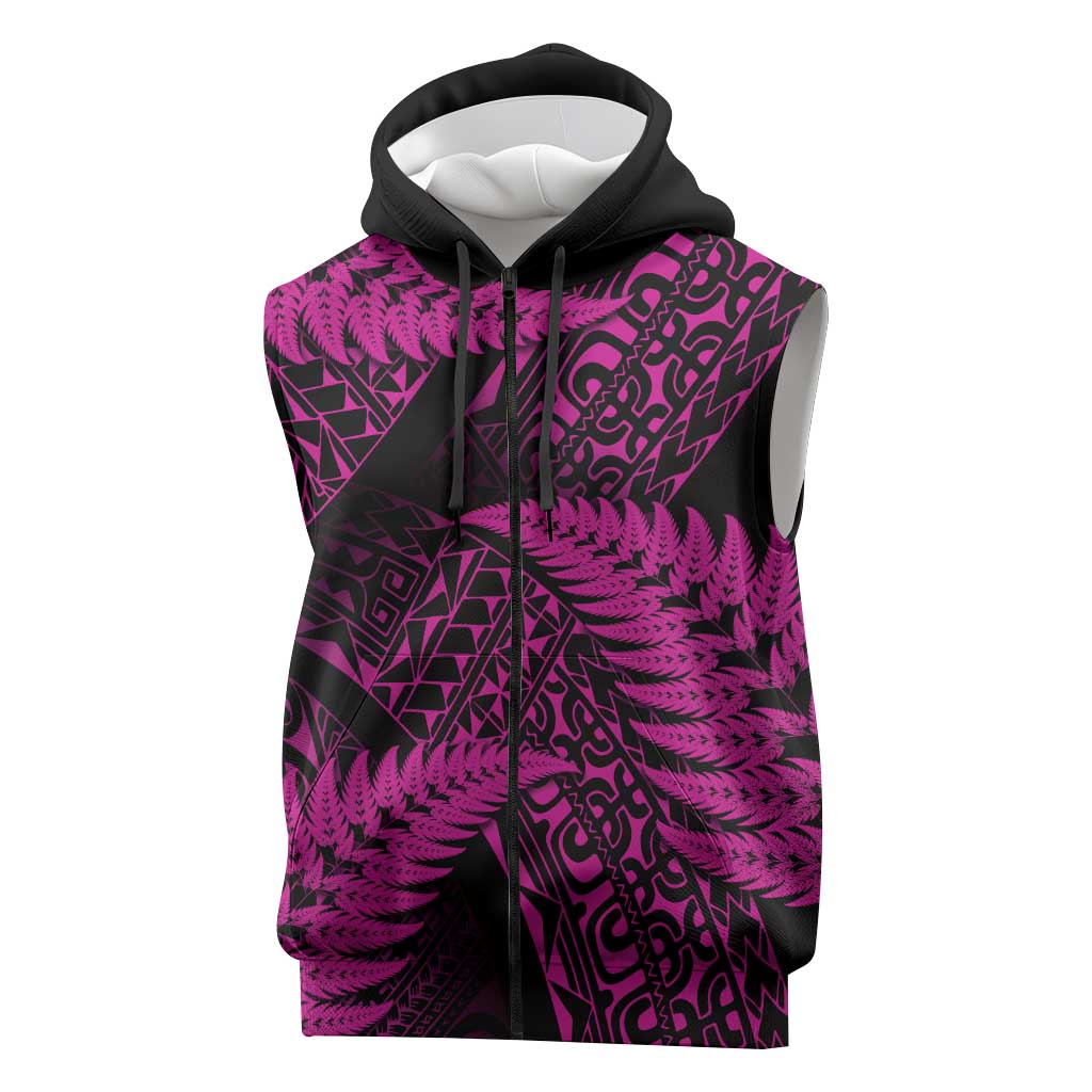 New Zealand Rugby Pacific Personalised Sleeveless Zip Hoodie All Pink Maori Pasifika Fern Pattern - Polynesian Pride