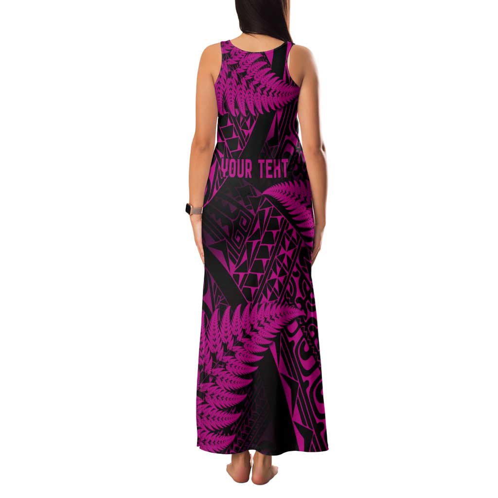 New Zealand Rugby Pacific Personalised Tank Maxi Dress All Pink Maori Pasifika Fern Pattern LT9 - Polynesian Pride