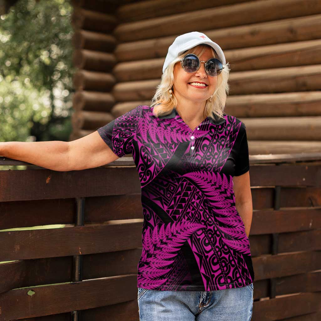 New Zealand Rugby Pacific Personalised Women Polo Shirt All Pink Maori Pasifika Fern Pattern LT9 - Polynesian Pride