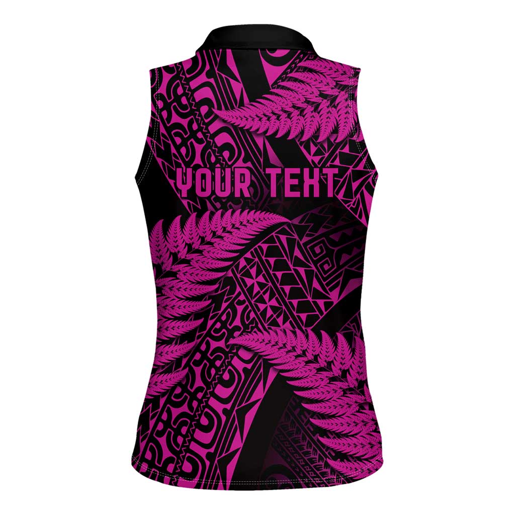 New Zealand Rugby Pacific Personalised Women Sleeveless Polo Shirt All Pink Maori Pasifika Fern Pattern LT9 - Polynesian Pride