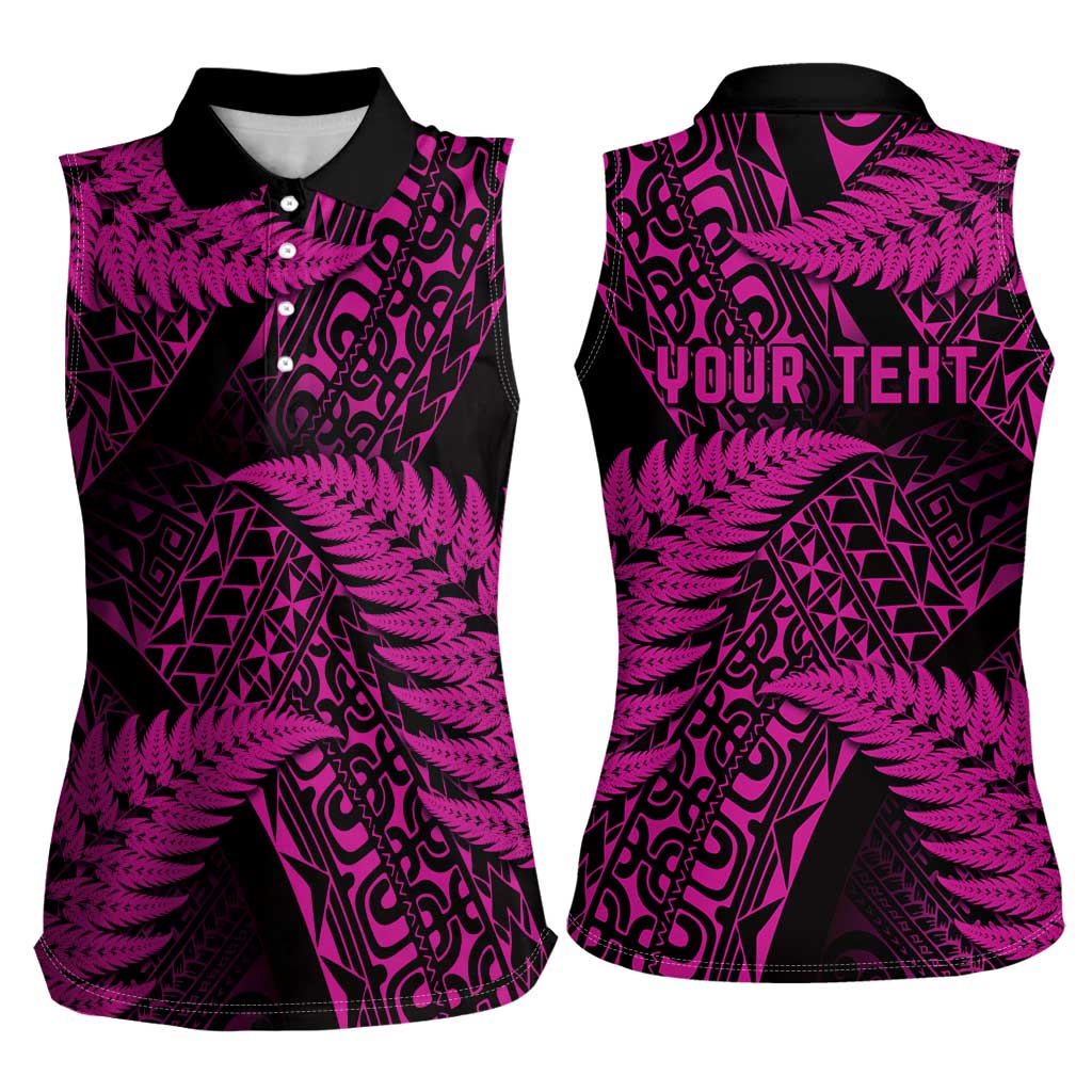 New Zealand Rugby Pacific Personalised Women Sleeveless Polo Shirt All Pink Maori Pasifika Fern Pattern LT9 - Polynesian Pride