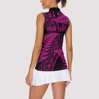 New Zealand Rugby Pacific Personalised Women Sleeveless Polo Shirt All Pink Maori Pasifika Fern Pattern LT9 - Polynesian Pride