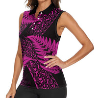 New Zealand Rugby Pacific Personalised Women Sleeveless Polo Shirt All Pink Maori Pasifika Fern Pattern LT9 - Polynesian Pride