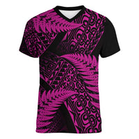 New Zealand Rugby Pacific Personalised Women V-Neck T-Shirt All Pink Maori Pasifika Fern Pattern LT9 Female Pink - Polynesian Pride