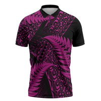 New Zealand Rugby Pacific Personalised Zipper Polo Shirt All Pink Maori Pasifika Fern Pattern LT9 Pink - Polynesian Pride