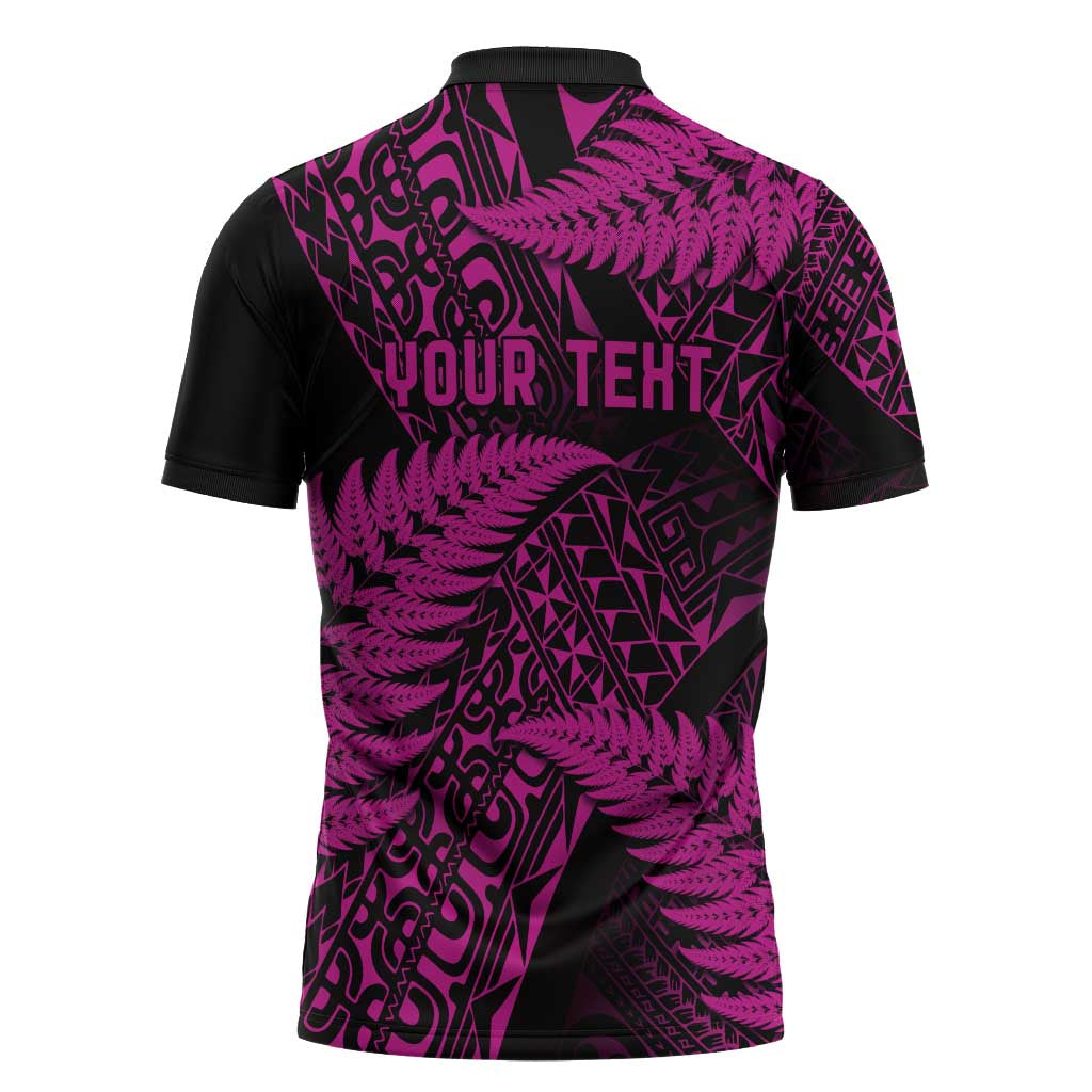 New Zealand Rugby Pacific Personalised Zipper Polo Shirt All Pink Maori Pasifika Fern Pattern LT9 - Polynesian Pride