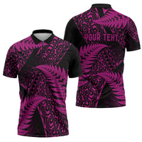 New Zealand Rugby Pacific Personalised Zipper Polo Shirt All Pink Maori Pasifika Fern Pattern LT9 - Polynesian Pride