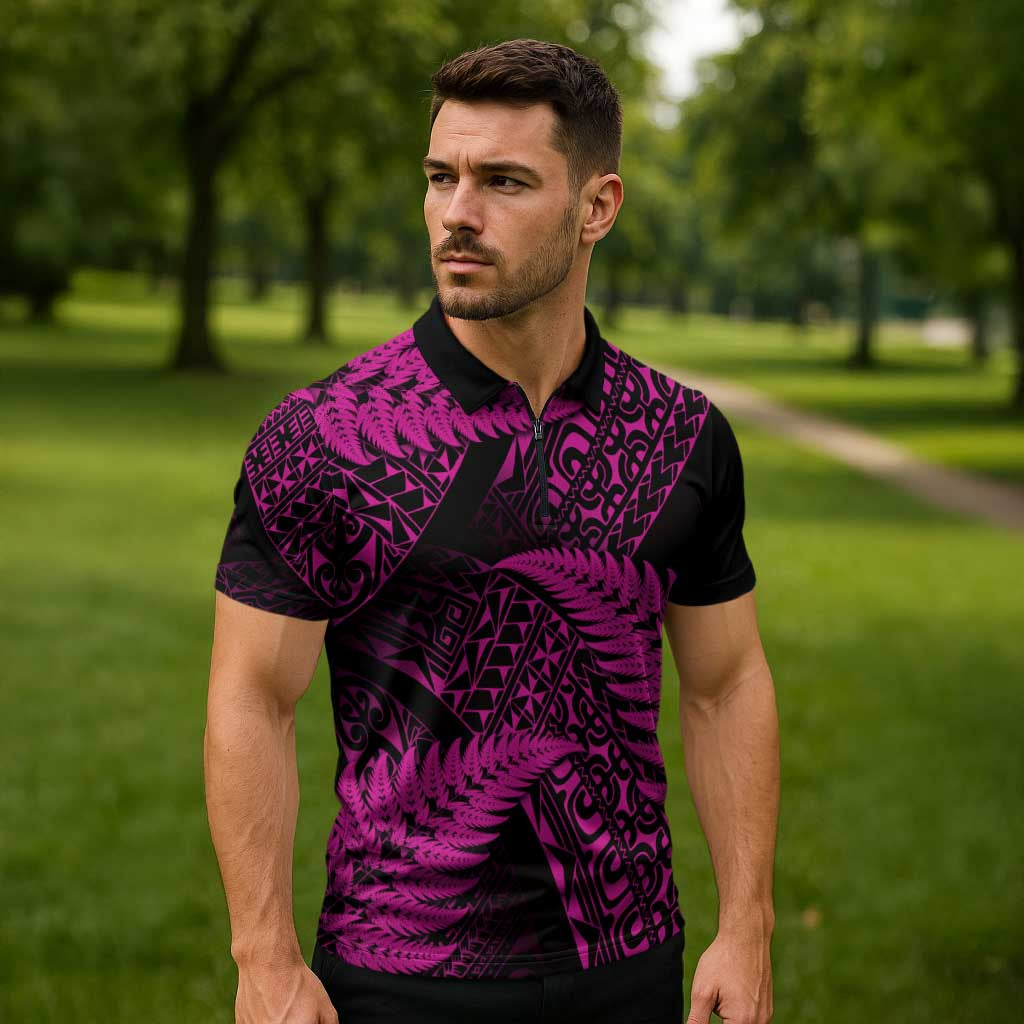 New Zealand Rugby Pacific Personalised Zipper Polo Shirt All Pink Maori Pasifika Fern Pattern LT9 - Polynesian Pride