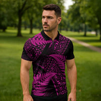 New Zealand Rugby Pacific Personalised Zipper Polo Shirt All Pink Maori Pasifika Fern Pattern LT9 - Polynesian Pride