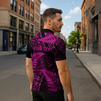 New Zealand Rugby Pacific Personalised Zipper Polo Shirt All Pink Maori Pasifika Fern Pattern LT9 - Polynesian Pride