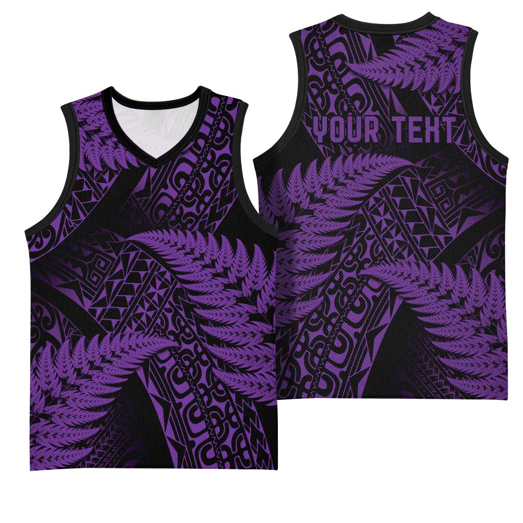 New Zealand Rugby Pacific Personalised Basketball Jersey All Purple Maori Pasifika Fern Pattern LT9 - Polynesian Pride