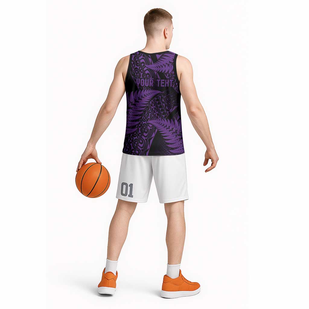 New Zealand Rugby Pacific Personalised Basketball Jersey All Purple Maori Pasifika Fern Pattern LT9 - Polynesian Pride