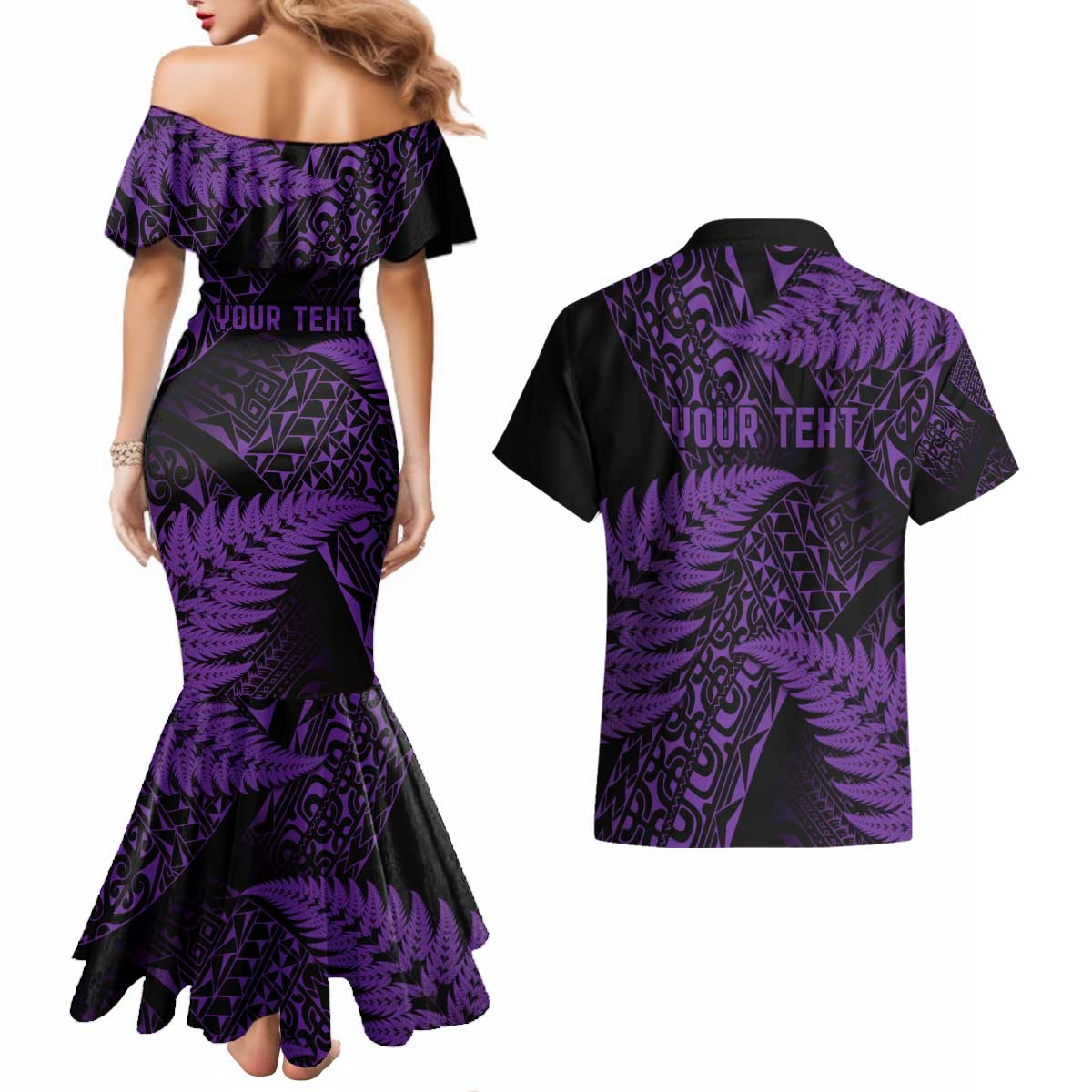New Zealand Rugby Pacific Personalised Couples Matching Mermaid Dress and Hawaiian Shirt All Purple Maori Pasifika Fern Pattern LT9 - Polynesian Pride