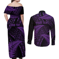 New Zealand Rugby Pacific Personalised Couples Matching Off Shoulder Maxi Dress and Long Sleeve Button Shirt All Purple Maori Pasifika Fern Pattern LT9 - Polynesian Pride