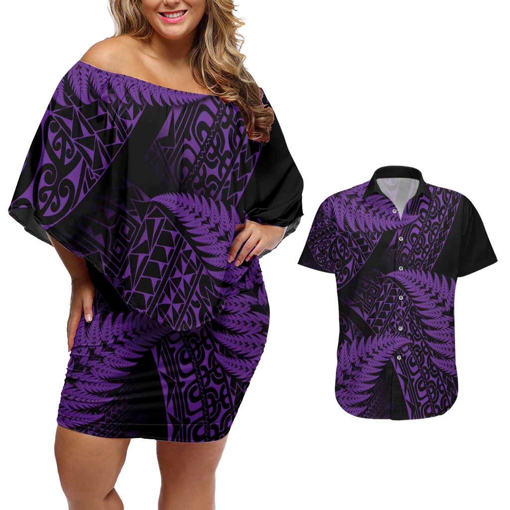 New Zealand Rugby Pacific Personalised Couples Matching Off Shoulder Short Dress and Hawaiian Shirt All Purple Maori Pasifika Fern Pattern LT9 Purple - Polynesian Pride