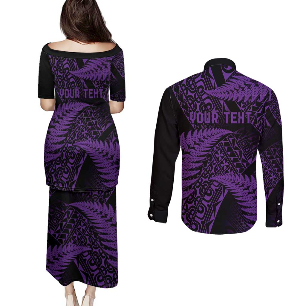 New Zealand Rugby Pacific Personalised Couples Matching Puletasi and Long Sleeve Button Shirt All Purple Maori Pasifika Fern Pattern LT9 - Polynesian Pride