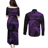 New Zealand Rugby Pacific Personalised Couples Matching Puletasi and Long Sleeve Button Shirt All Purple Maori Pasifika Fern Pattern LT9 - Polynesian Pride