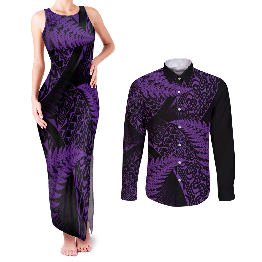New Zealand Rugby Pacific Personalised Couples Matching Tank Maxi Dress and Long Sleeve Button Shirt All Purple Maori Pasifika Fern Pattern LT9 Purple - Polynesian Pride