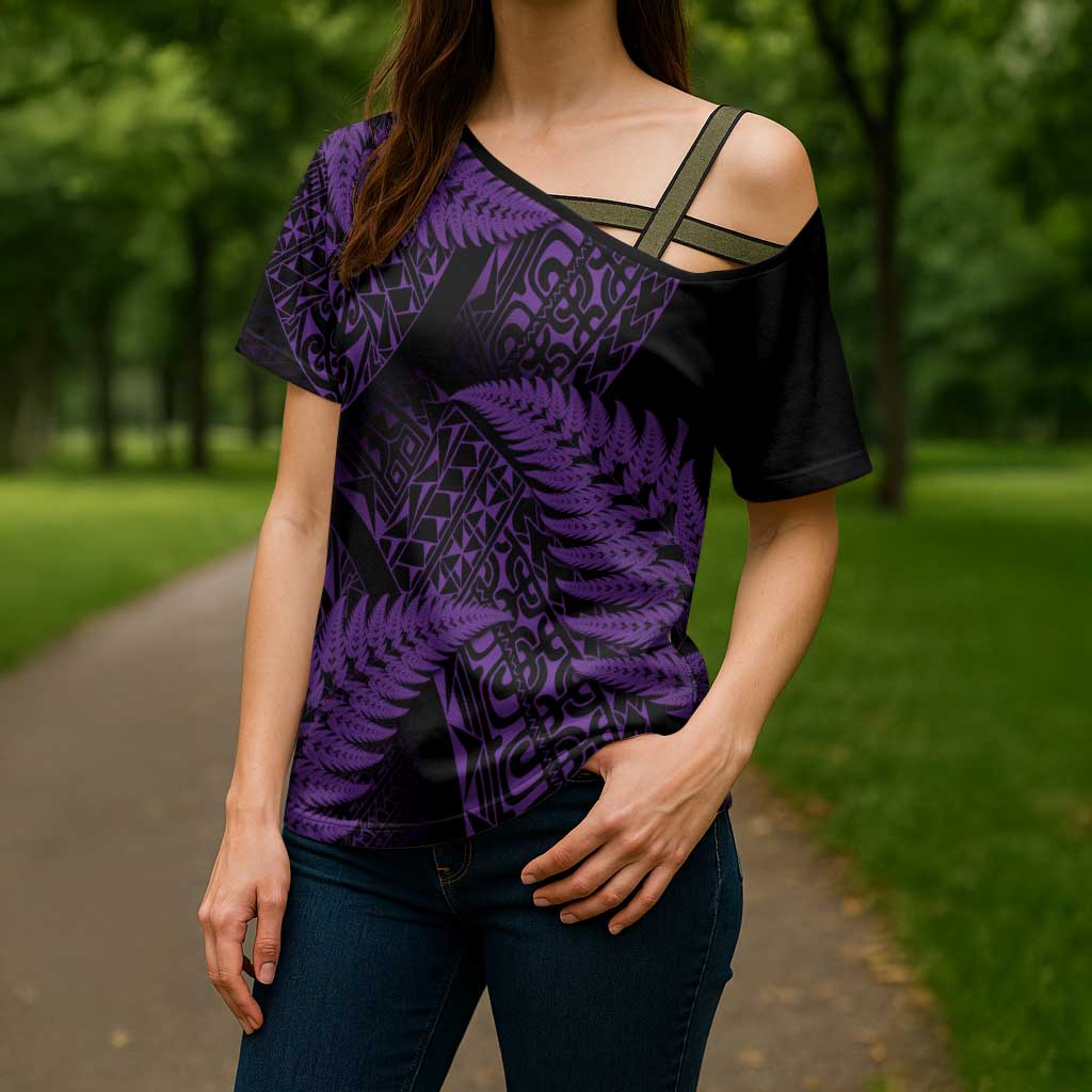New Zealand Rugby Pacific Personalised Cross Shoulder Shirt All Purple Maori Pasifika Fern Pattern LT9 - Polynesian Pride