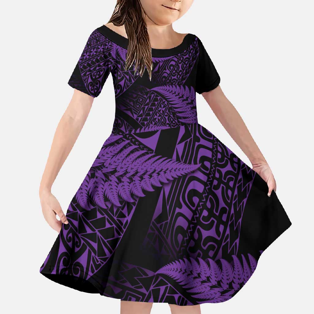 New Zealand Rugby Pacific Personalised Family Matching Mermaid Dress and Hawaiian Shirt All Purple Maori Pasifika Fern Pattern LT9 Daughter's Dress Purple - Polynesian Pride