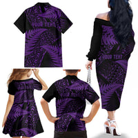 New Zealand Rugby Pacific Personalised Family Matching Off The Shoulder Long Sleeve Dress and Hawaiian Shirt All Purple Maori Pasifika Fern Pattern LT9 - Polynesian Pride