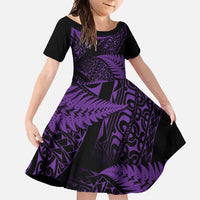 New Zealand Rugby Pacific Personalised Family Matching Off Shoulder Maxi Dress and Hawaiian Shirt All Purple Maori Pasifika Fern Pattern LT9 Daughter's Dress Purple - Polynesian Pride