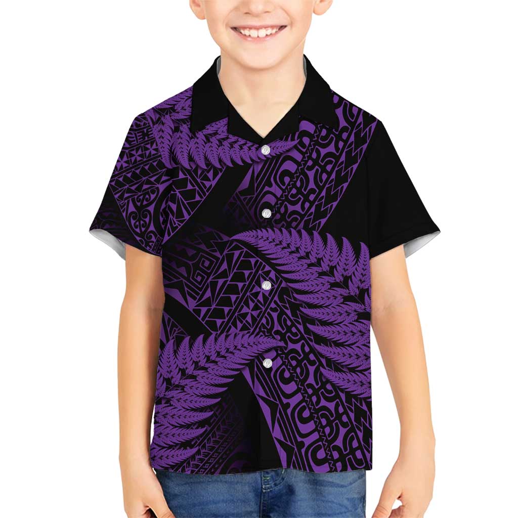 New Zealand Rugby Pacific Personalised Family Matching Puletasi and Hawaiian Shirt All Purple Maori Pasifika Fern Pattern LT9 Son's Shirt Purple - Polynesian Pride