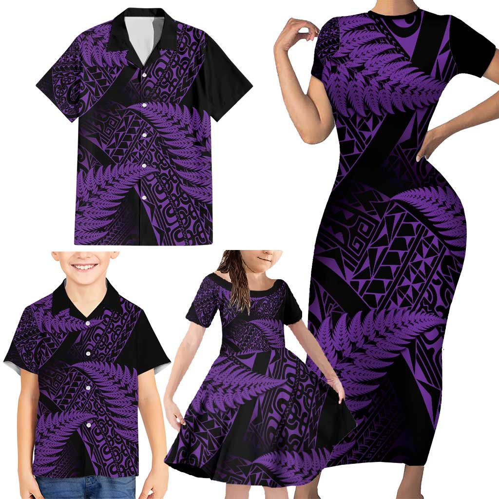 New Zealand Rugby Pacific Personalised Family Matching Short Sleeve Bodycon Dress and Hawaiian Shirt All Purple Maori Pasifika Fern Pattern LT9 - Polynesian Pride