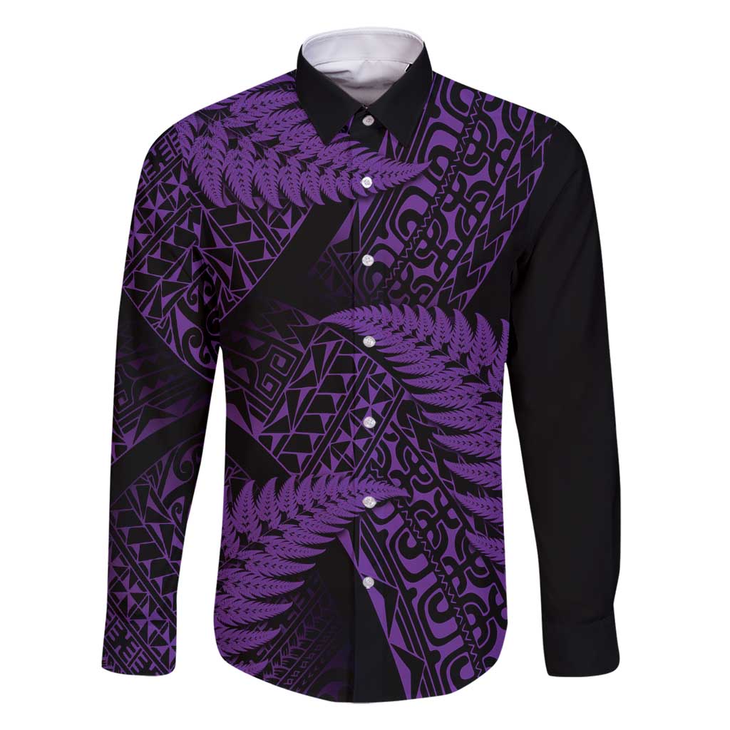 New Zealand Rugby Pacific Personalised Family Matching Tank Maxi Dress and Hawaiian Shirt All Purple Maori Pasifika Fern Pattern LT9 Dad's Shirt - Long Sleeve Purple - Polynesian Pride