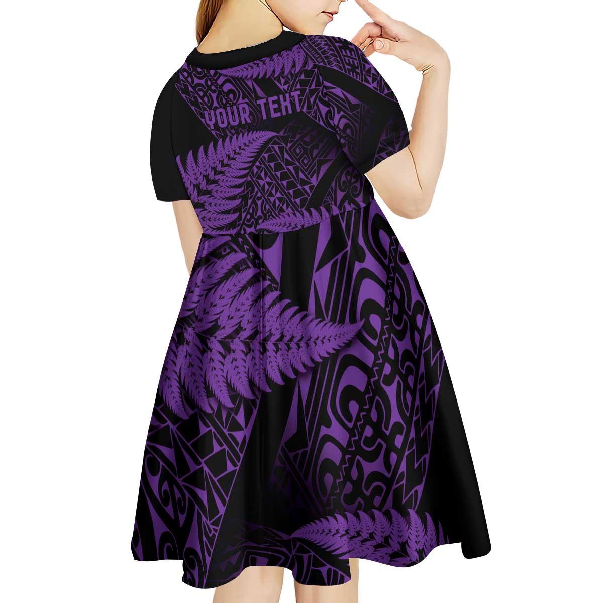 New Zealand Rugby Pacific Personalised Kid Short Sleeve Dress All Purple Maori Pasifika Fern Pattern LT9 - Polynesian Pride