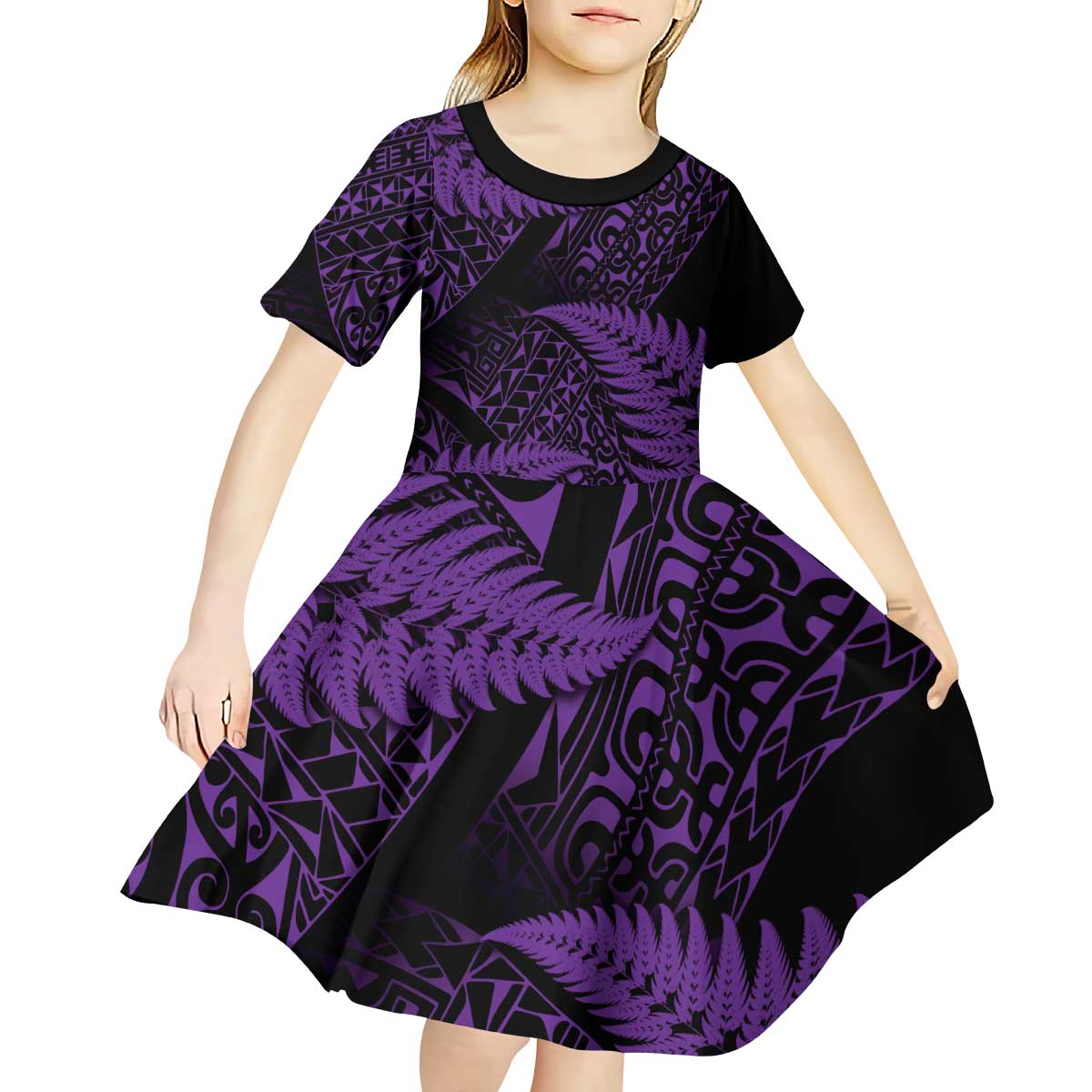 New Zealand Rugby Pacific Personalised Kid Short Sleeve Dress All Purple Maori Pasifika Fern Pattern LT9 - Polynesian Pride