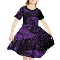 New Zealand Rugby Pacific Personalised Kid Short Sleeve Dress All Purple Maori Pasifika Fern Pattern LT9 - Polynesian Pride
