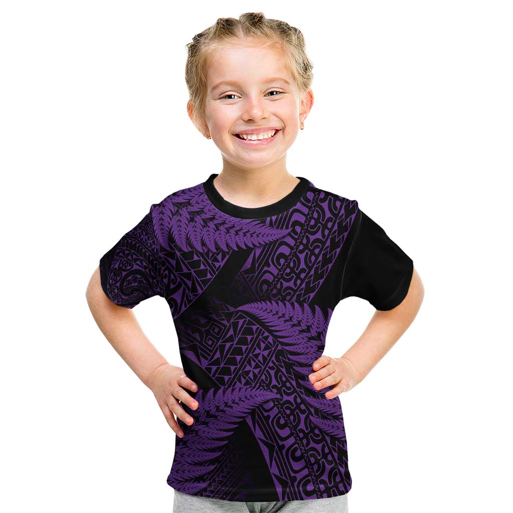 New Zealand Rugby Pacific Personalised Kid T Shirt All Purple Maori Pasifika Fern Pattern LT9 Purple - Polynesian Pride