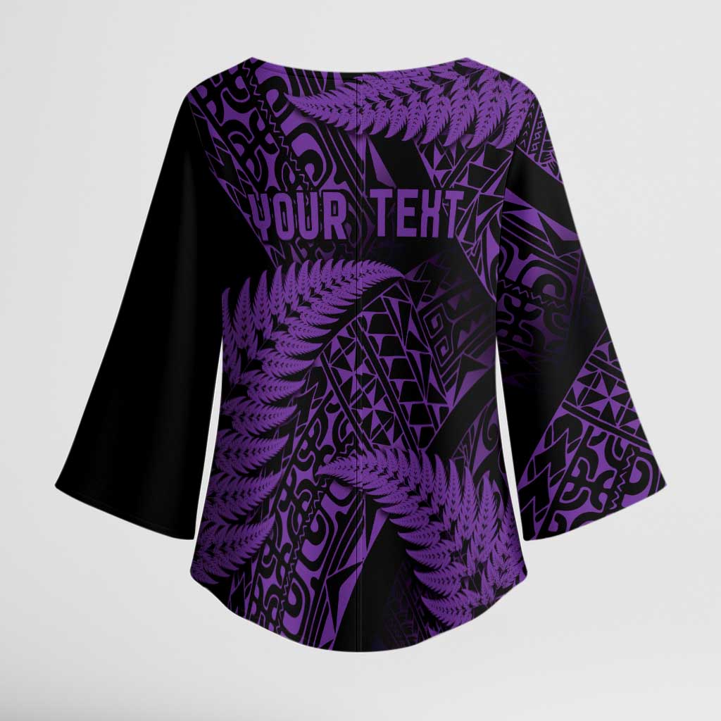 New Zealand Rugby Pacific Personalised Kimono Sleeve Blouse All Purple Maori Pasifika Fern Pattern - Polynesian Pride