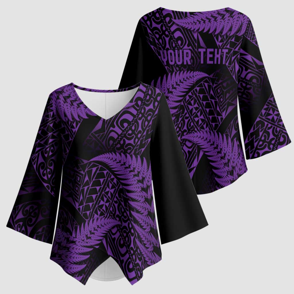 New Zealand Rugby Pacific Personalised Kimono Sleeve Blouse All Purple Maori Pasifika Fern Pattern - Polynesian Pride