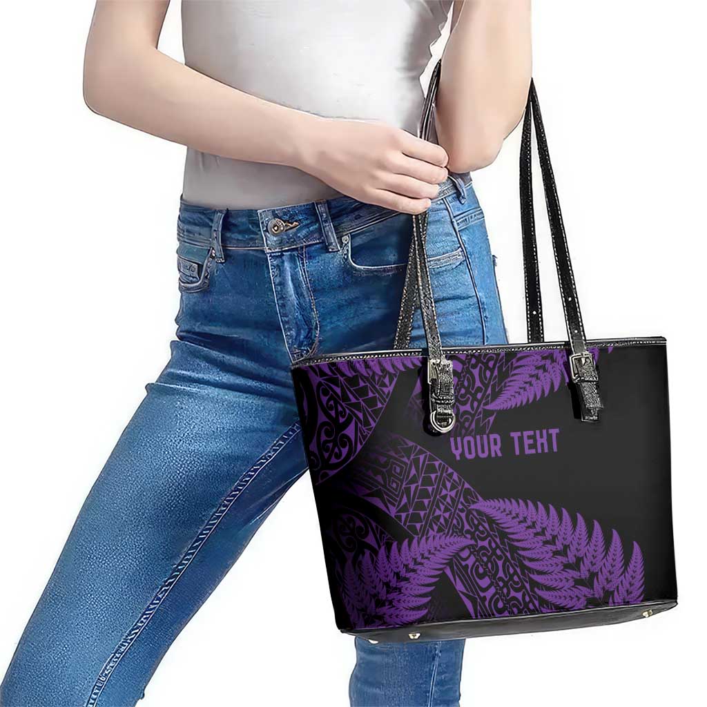 New Zealand Rugby Pacific Personalised Leather Tote Bag All Purple Maori Pasifika Fern Pattern LT9 - Polynesian Pride