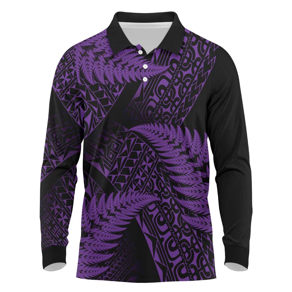 New Zealand Rugby Pacific Personalised Long Sleeve Polo Shirt All Purple Maori Pasifika Fern Pattern LT9 Purple - Polynesian Pride