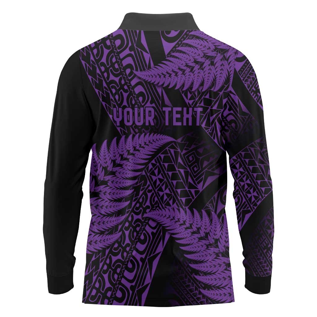 New Zealand Rugby Pacific Personalised Long Sleeve Polo Shirt All Purple Maori Pasifika Fern Pattern LT9 - Polynesian Pride