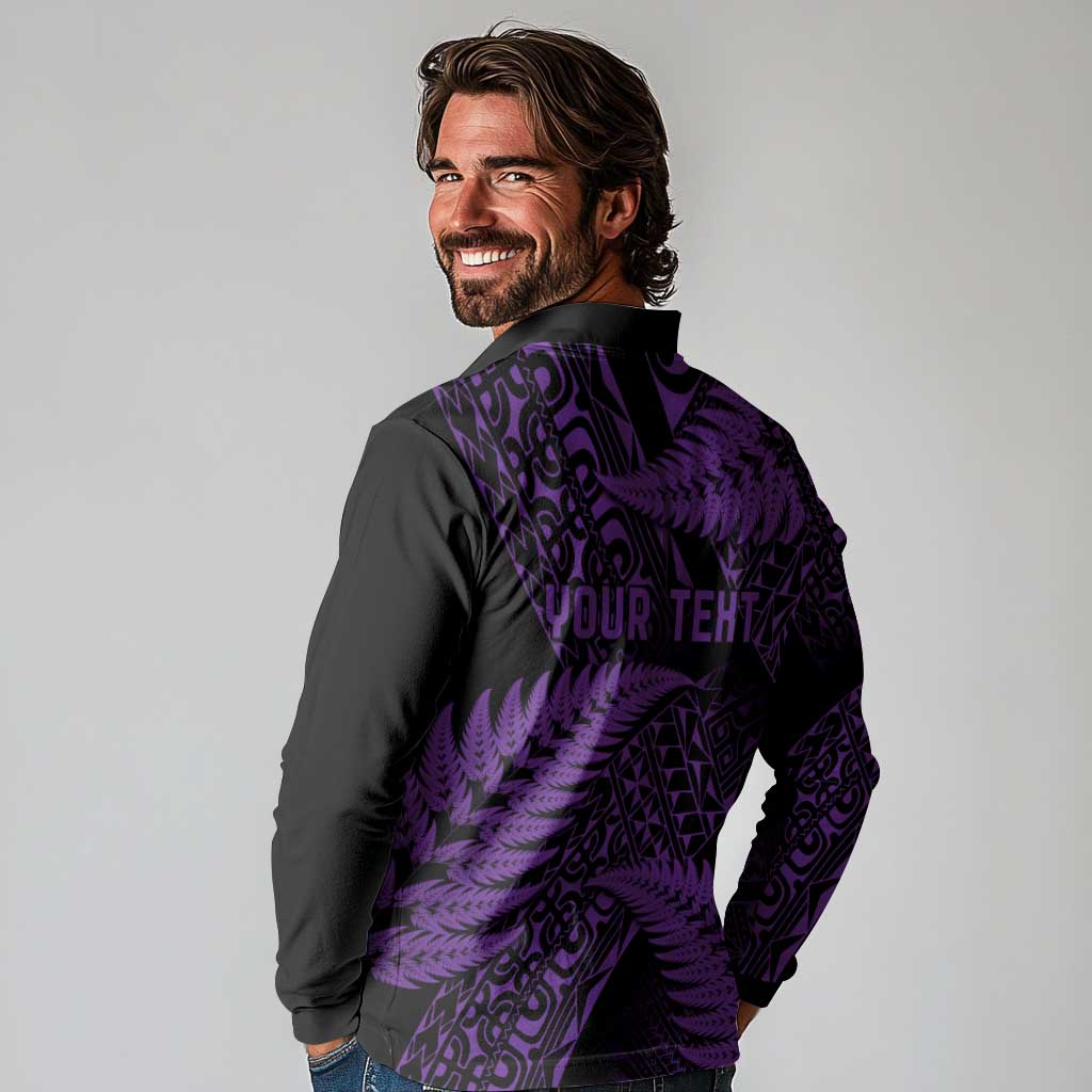 New Zealand Rugby Pacific Personalised Long Sleeve Polo Shirt All Purple Maori Pasifika Fern Pattern LT9 - Polynesian Pride