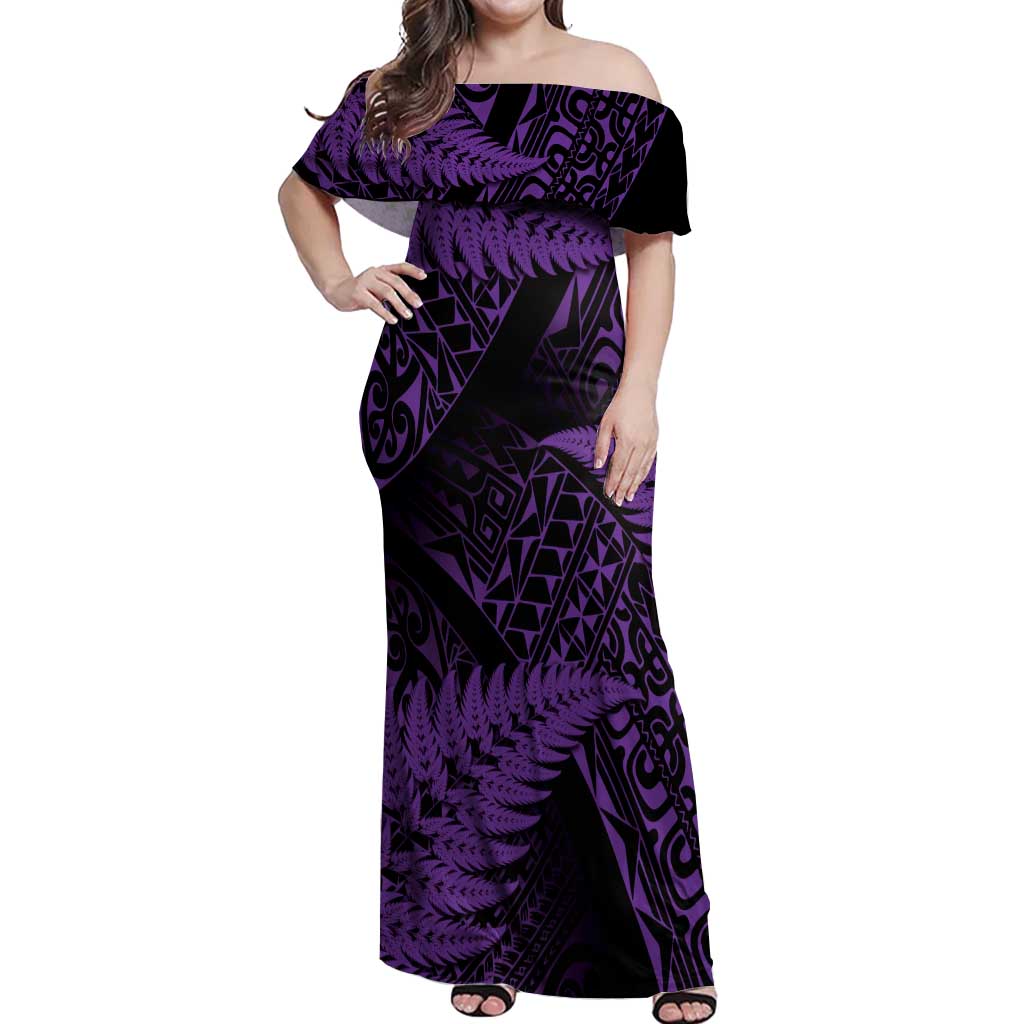 New Zealand Rugby Pacific Personalised Off Shoulder Maxi Dress All Purple Maori Pasifika Fern Pattern LT9 Women Purple - Polynesian Pride