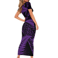 New Zealand Rugby Pacific Personalised Short Sleeve Bodycon Dress All Purple Maori Pasifika Fern Pattern LT9 - Polynesian Pride