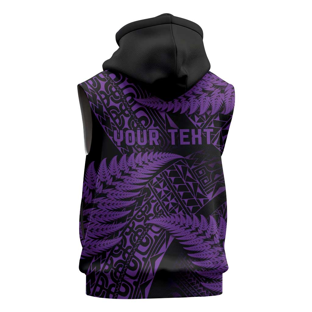 New Zealand Rugby Pacific Personalised Sleeveless Zip Hoodie All Purple Maori Pasifika Fern Pattern LT9 - Polynesian Pride
