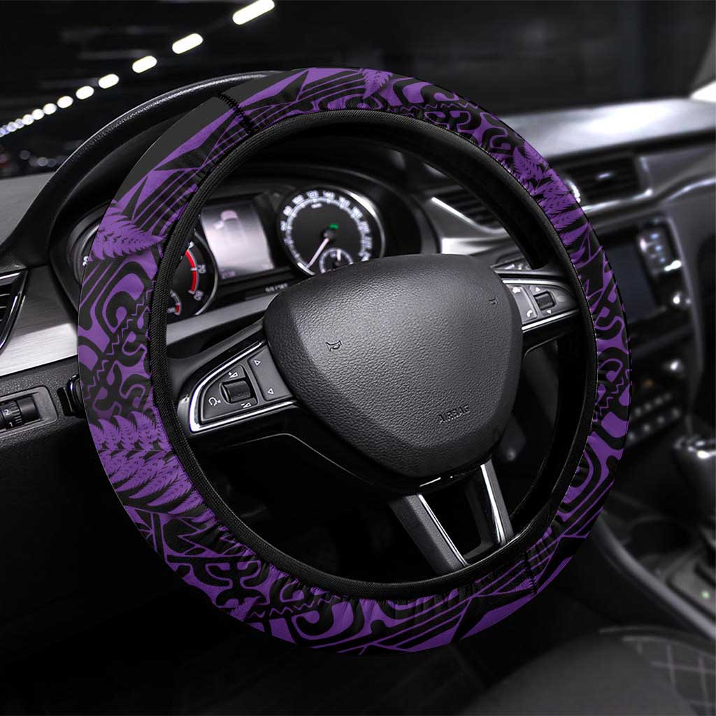 New Zealand Rugby Pacific Steering Wheel Cover All Purple Maori Pasifika Fern Pattern LT9 Universal Fit Purple - Polynesian Pride