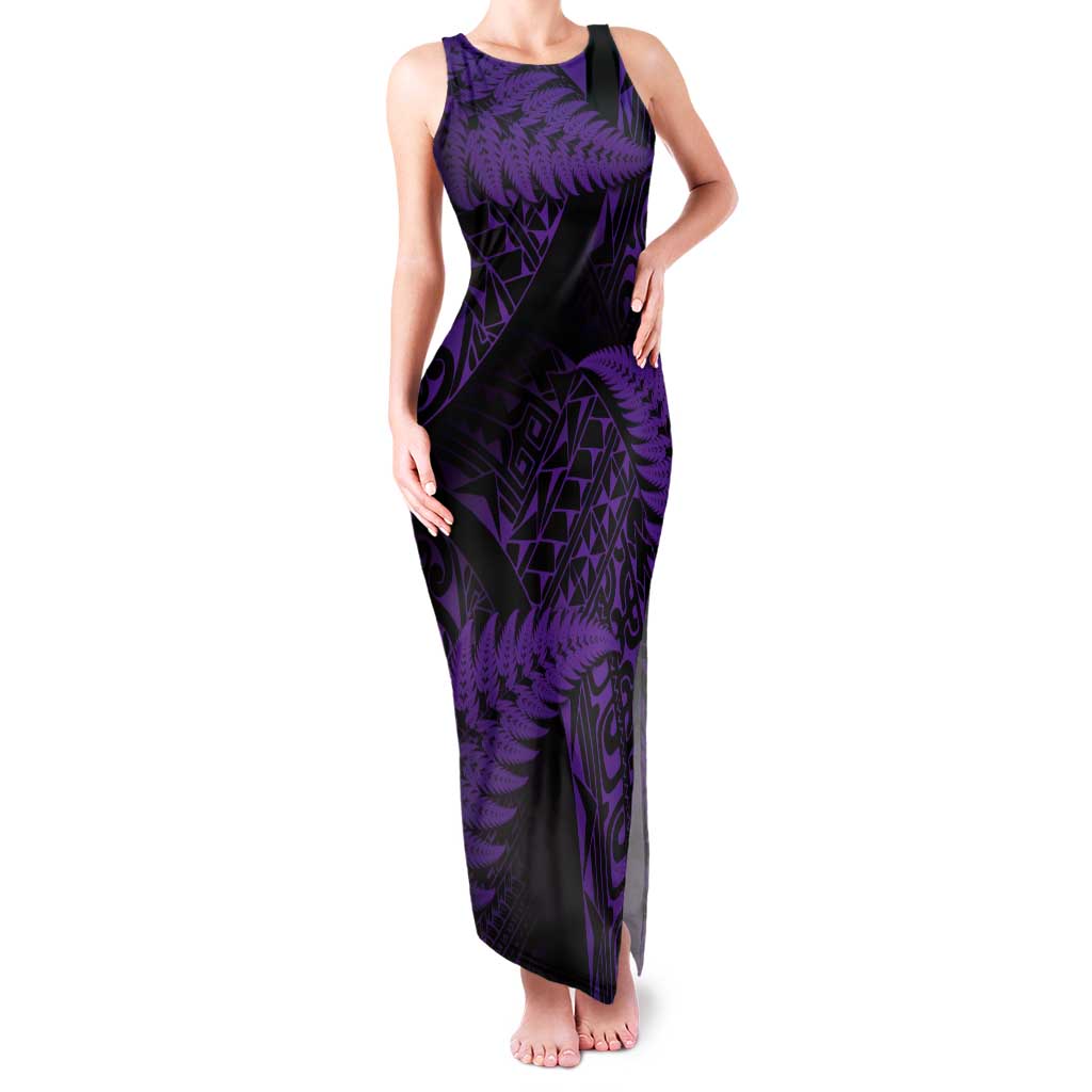 New Zealand Rugby Pacific Personalised Tank Maxi Dress All Purple Maori Pasifika Fern Pattern