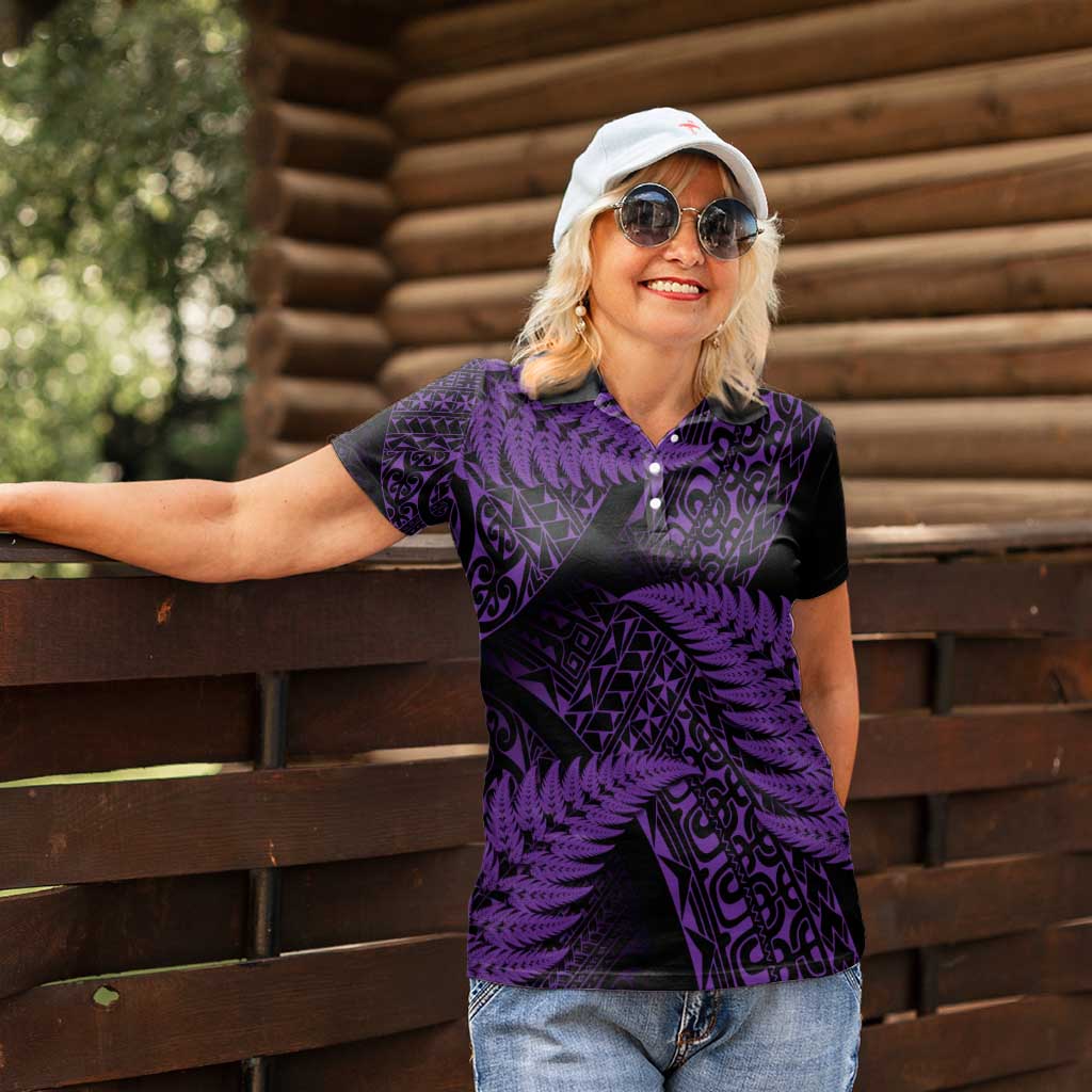 New Zealand Rugby Pacific Personalised Women Polo Shirt All Purple Maori Pasifika Fern Pattern LT9 - Polynesian Pride