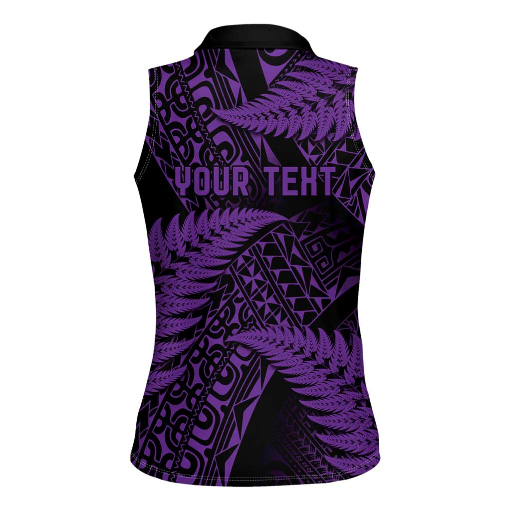 New Zealand Rugby Pacific Personalised Women Sleeveless Polo Shirt All Purple Maori Pasifika Fern Pattern LT9 - Polynesian Pride